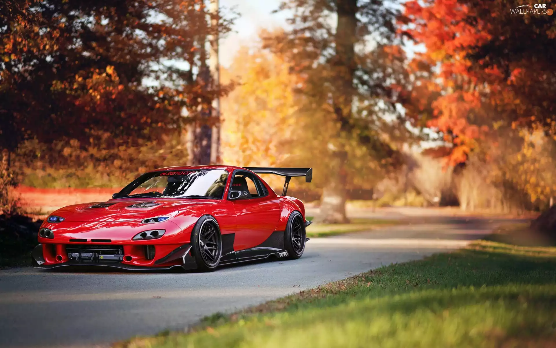 Way, red hot, viewes, autumn, trees, Mazda RX-7