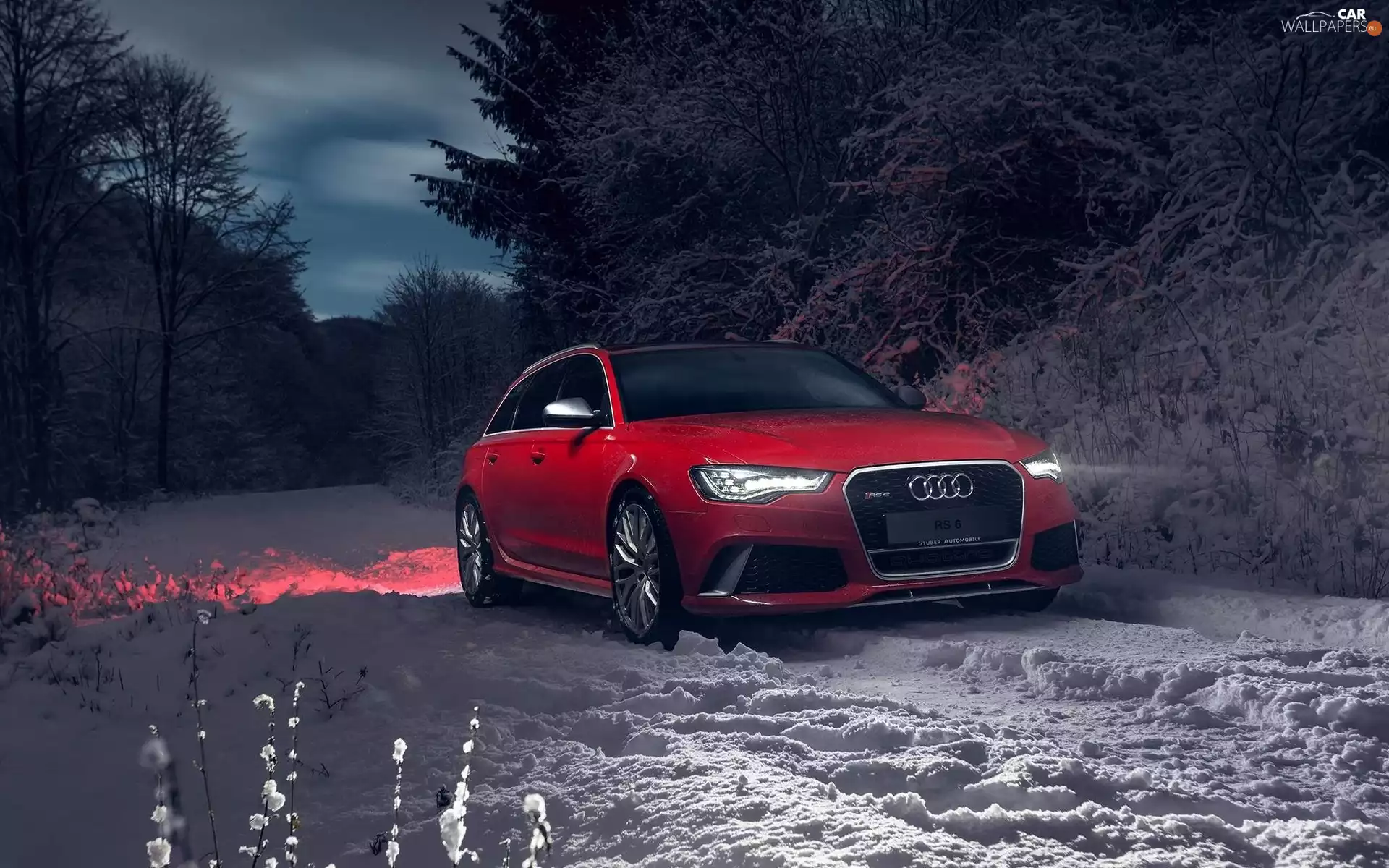 Audi, Red, forest, winter, Night, Automobile