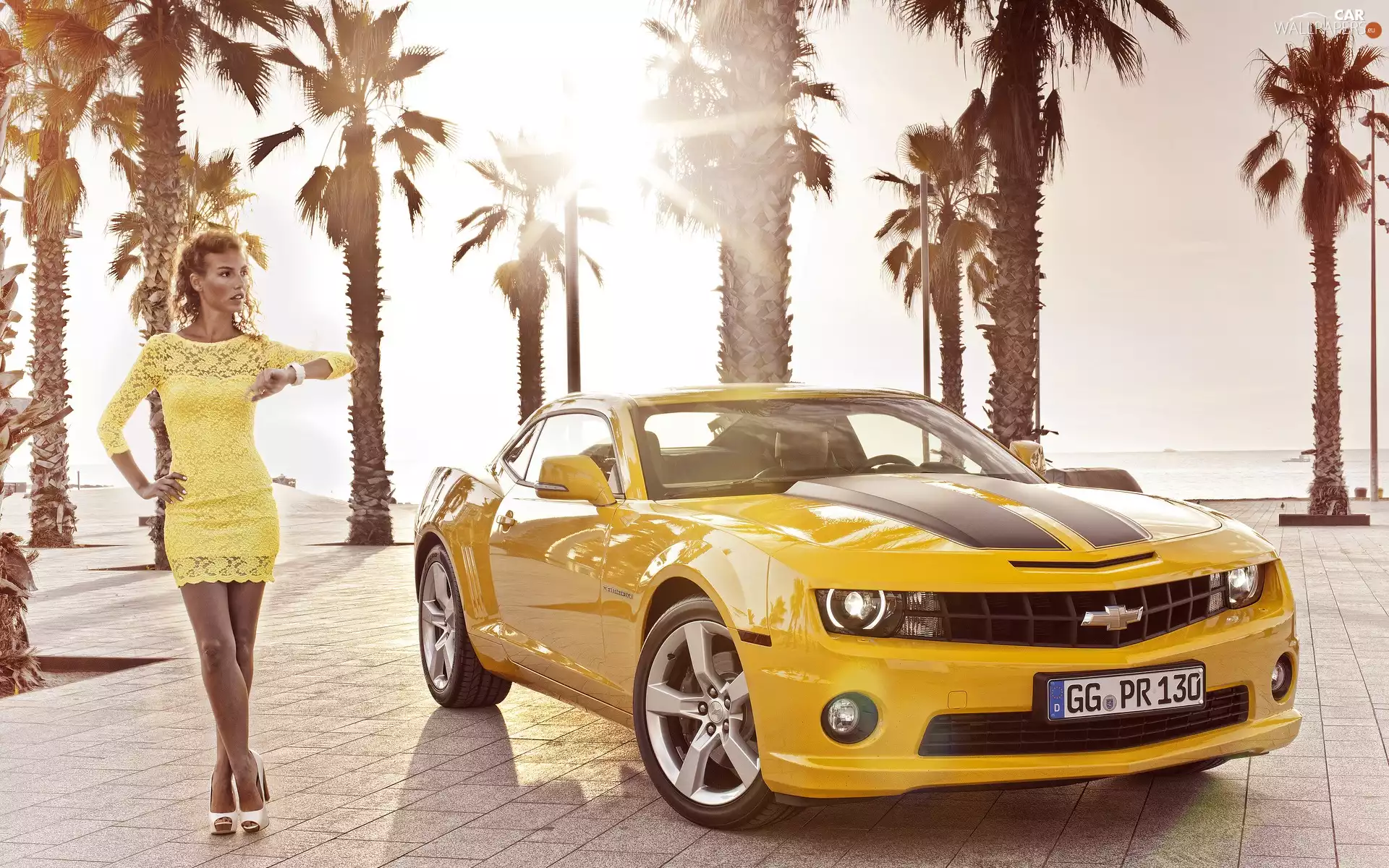Yellow, Women, Palms, Chevrolet Camaro