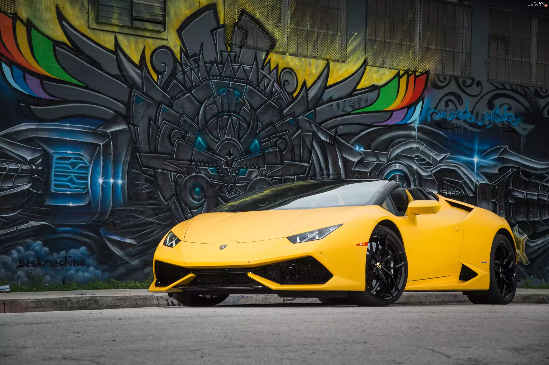 Yellow, wall, Mural, Lamborghini Huracan LP 610-4 Spyder