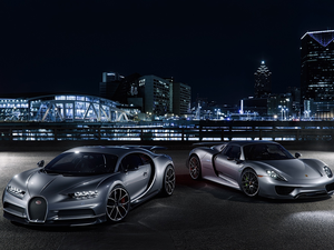 Porsche 918 Spyder, Bugatti Chiron, Night, Town, 2013-2015, 2016