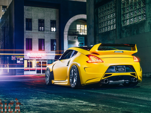 Street, Houses, Nissan 370Z, 2010, Yellow