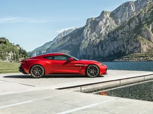 Red, Mountains, lake, Aston Martin Vanquish