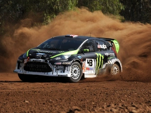 Rally automobile, Ford Fiesta WRC, dust, gravel, Way