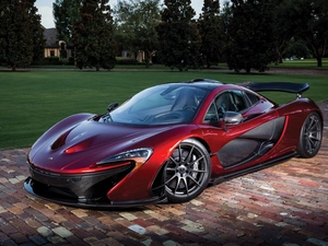 Automobile, Red, Sport, McLaren, viewes, Houses, Way, trees, P1