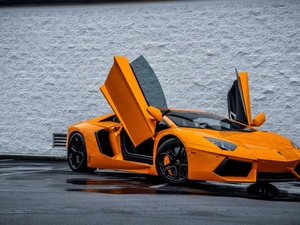 Rain, Orange, Lamborghini Aventador