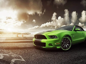 Ford, Green, Way, clouds, Mustang, Automobile