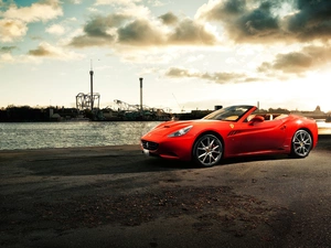 California, Red, dark, clouds, wharf, Ferrari