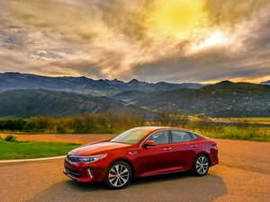 Mountains, clouds, Kia, Optima, Automobile