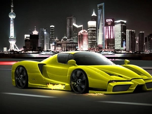 Ferrari, Street, skyscrapers, Enzo