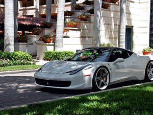 Ferrari, White, house, Flowers, 458 Italia, Automobile