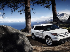 Mountains, Stones, White Ford 2011 Explorer, lake