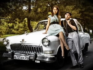 Retro, Steam, Way, forest, Volga, Automobile