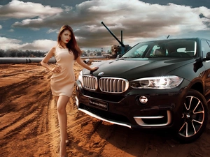 clouds, framework, X5, girl, BMW