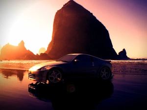Nissan 350, rocks, Great Sunsets, Beaches