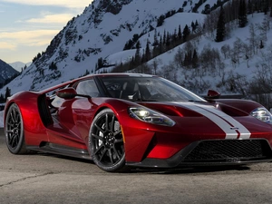 Snowy, Mountains, Ford GT, 2017, Red