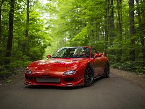 trees, viewes, Mazda RX-7, Way, red hot