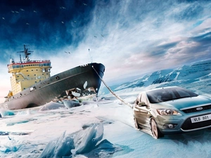 Ice-breaker, graphics, Automobile, Ford, sea, Ship