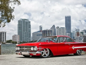 coast, Chevrolet, skyscrapers, Impala, Red, rivers, clouds