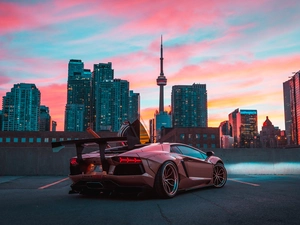 Lamborghini Aventador, skyscrapers