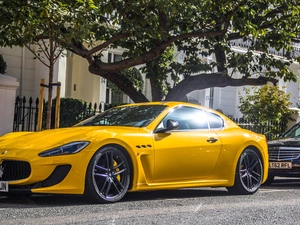 maserati, Yellow, trees, house, Gran Turismo, Automobile