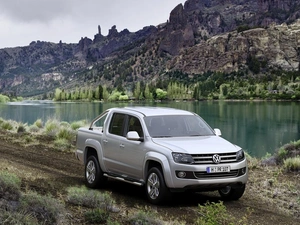 volkswagen amarok, lake, Mountains