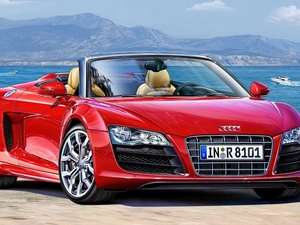 Mountains, water, Audi R8, Cabrio, Red