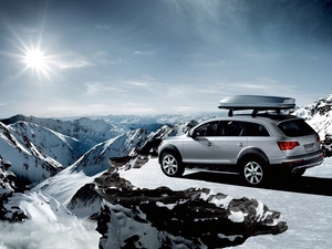 sun, Audi Q7, Mountains