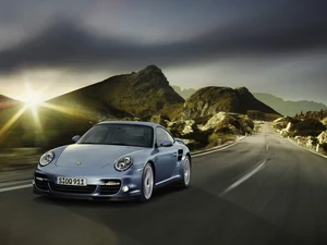 911, Turbo, sun, Way, rays, Porsche, Automobile, Mountains