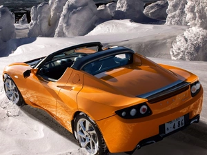 snow, Orange, Tesla Roadster Sport