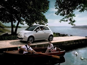 Platform, Fiat 500, lake, Boat, Tourists