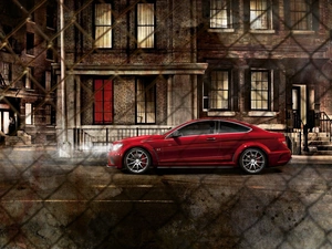 Red, Automobile, Street, Night, Mercedes C63 AMG, motor car