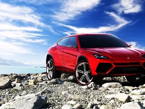 Red, Lamborghini Urus, Stones, Sky, River