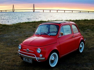 Red, River, bridge, Fiat 500