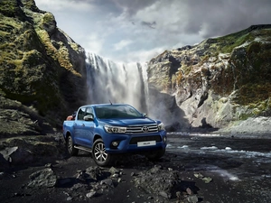 Automobile, Toyota Hilux, River, rocks, waterfall