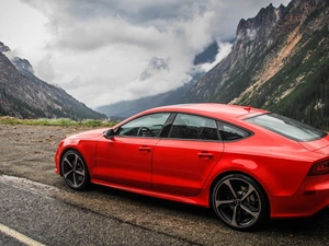 Audi, RS7, Mountains, clouds, Way