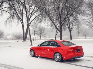 snow, winter, Audi S4 B8, Sedan, Red