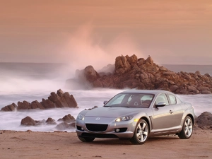 rocks, Mazda RX8, sea
