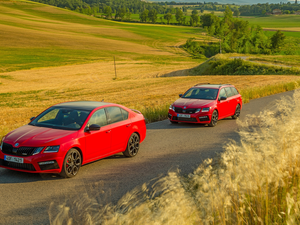 Red, Skoda Octavia III Kombi, Way, Two cars, Skoda Octavia III RS, cars, field