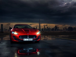 Sport, Red, Automobile, maserati, Night, Town, Turismo, Way, grain