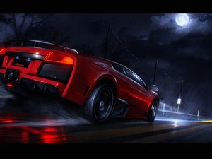 Red, Street, Night, Lamborghini Murcielago