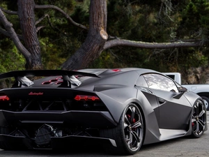 Street, trees, Lamborghini, Sesto Elemento, Black