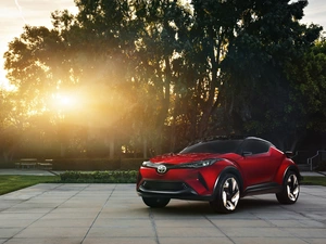 Scion, Red, viewes, sun, trees, Automobile