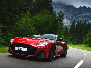 Way, Aston Martin DBS, viewes, Mountains, trees, Superleggera