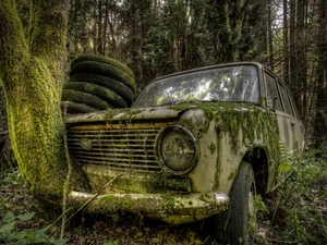 Automobile, Old car, tires, forest, Lada, abandoned