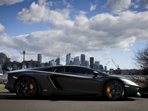 Street, Lamborghini, town, clouds, panorama, Aventador