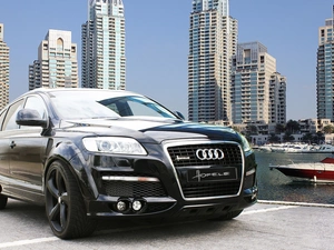 River, Boat, skyscrapers, Town, Audi Q7