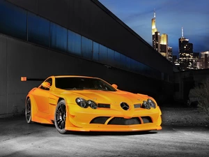 McLaren, Mercedes, skyscrapers, Town, bridge, SLR