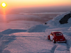 winter, Volkswagen Beetle, toy, Great Sunsets