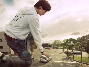 trees, giant, house, motor car, a man, viewes, Street